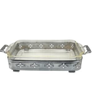 Fire-King‎ Casserole Dish 2QT Clear Glass Silver Metal Filigree Holder VTG USA